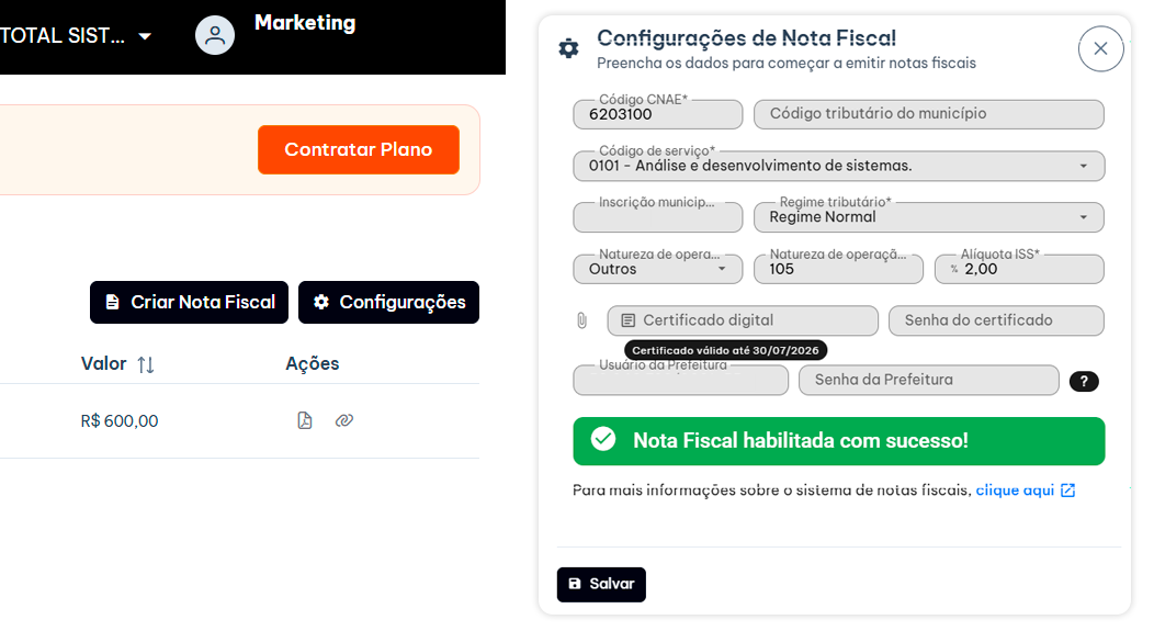 Imagem de tela mostrando o processo de emissão de nota fiscal eletrônica, incluindo campos para preenchimento de dados fiscais e confirmação do sistema.