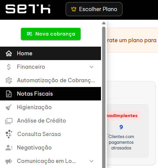 Imagem de um sistema de emissão de notas fiscais de serviço online, mostrando menu lateral com opção Notas Fiscais. Ideal para quem busca como emitir nota fiscal digital.