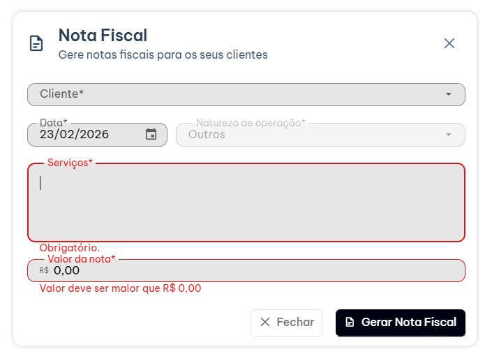 Imagem demonstrando o formulário para gerar nota fiscal em sistema online, incluindo campos para cliente, data, serviços, valor da nota e botão de gerar.