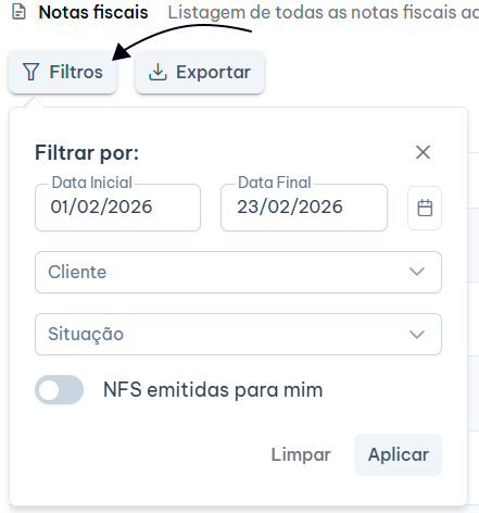 Tela de sistema de emissão de nota fiscal, com filtros para data, cliente e situação, além de opções para exportar e aplicar filtros para emitir nota fiscal corretamente.
